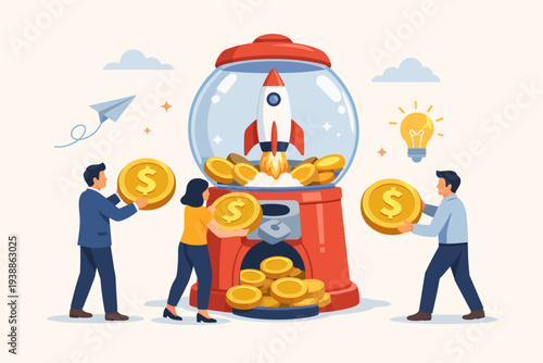 People putting money into a gumball machine to launch a rocket ship, representing startup fundraising, crowdfunding, venture capital investment, and financial support for new business ideas.