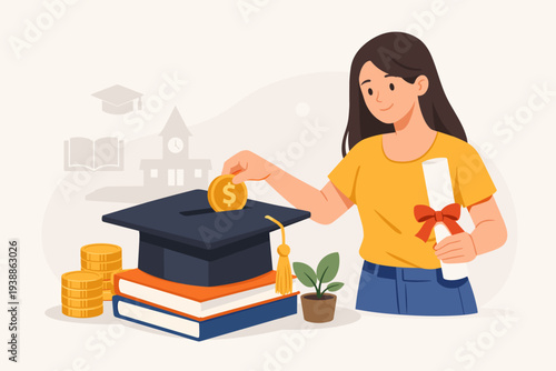 Young woman saving money for college education fund, putting gold coin into graduation cap piggy bank on stack of books, concept of university tuition fee, student loan, and financial planning.