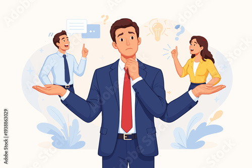 Businessman Manager Weighing Different Employee Opinions and Ideas, Decision Making Concept with Colleague Feedback, Listening to Team Members, Choosing Between Truth and Lies Vector Illustration