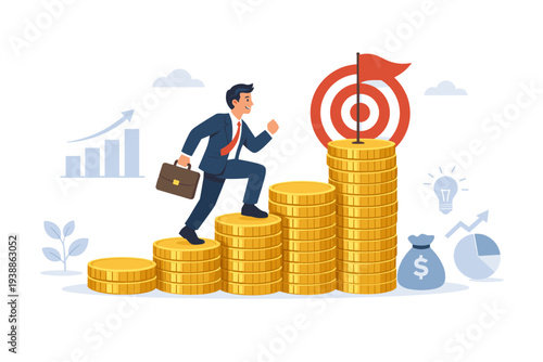 Businessman climbing gold coin stacks to reach a target flag, representing financial growth, wealth management, investment success, career advancement, and achieving long-term monetary goals.