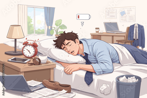 Overworked Businessman Sleeping in Bed with Low Battery Icon, Exhausted Employee Feeling Burnout and Fatigue, Unproductive Procrastination Concept with Messy Room, Alarm Clock and Laptop Art.