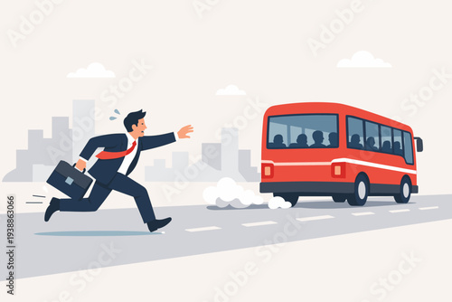 Businessman in a Suit Running Fast to Catch a Departing Red Bus on a City Street, Concept of Missing an Opportunity, Being Late for Work, Failed Commute, Stressful Morning, and Career Setback