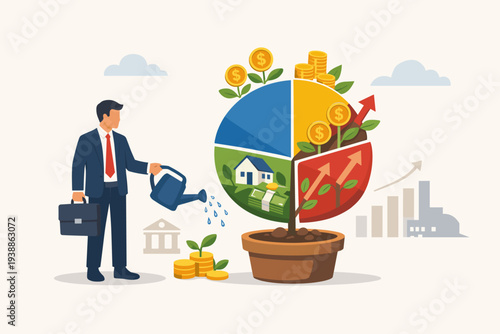 Businessman watering a money tree plant shaped like a pie chart for investment portfolio asset allocation, wealth management, financial growth, and building passive income streams.