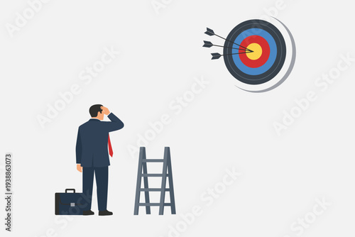 Businessman Standing Next to Ladder Looking at Target with Arrows Missing the Bullseye, Concept of Business Failure, Missing Goals, Disappointment, Mission Fail, and Hopelessness in Career.