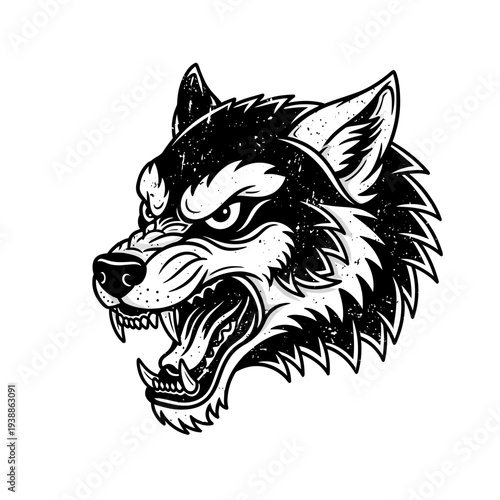 Aggressive wolf head illustration, black and white, grunge texture