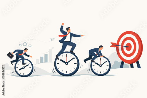 Businessmen Riding Clock Unicycles Towards a Target, Concept of Time Management, Work Schedule, Deadline, Productivity, Efficiency, and Achieving Business Goals in a Fast-Paced Corporate World