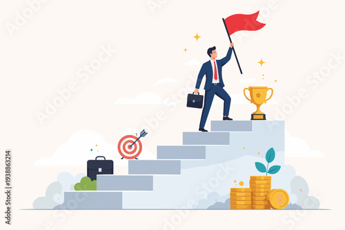 Businessman in suit climbing stairs to success holding red flag and briefcase, reaching gold trophy at top, target and money coins symbols for career achievement, progress, and financial growth.