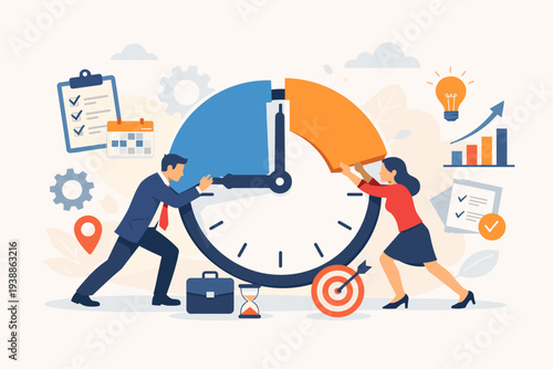 Time Management and Project Planning Concept with Business People Working Together on a Large Clock to Meet Deadlines, Achieve Goals, and Optimize Workflow Efficiency in a Flat Vector Style.