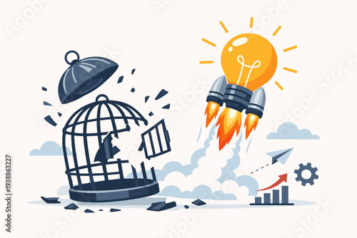 Creative business idea concept with a lightbulb rocket launching out of a broken cage, symbolizing freedom from limitations, innovation, startup growth, breakthrough thinking, and success.