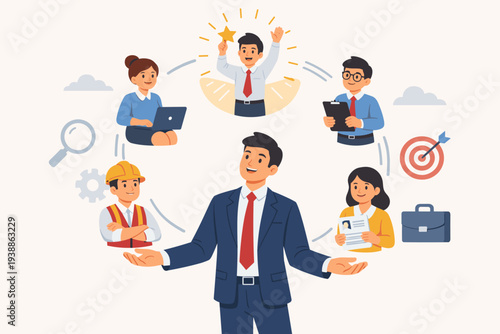 HR human resources talent management and recruitment concept with a businessman managing a diverse team of employees, staff selection, performance tracking, career growth, and workforce planning.