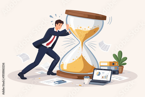 Stressed businessman in a suit pushing a giant hourglass to stop time, concept of work pressure, meeting aggressive deadlines, time management, anxiety, and office productivity in flat vector style.