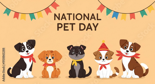 National pet day celebration with adorable dogs wearing colorful accessories