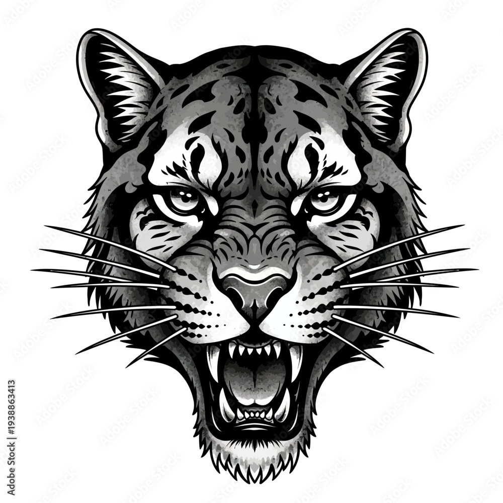 Obraz premium Fierce Bobcat Head Illustration, Roaring Wild Cat Face, Black and White