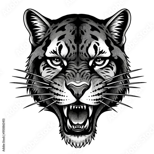 Fierce Bobcat Head Illustration, Roaring Wild Cat Face, Black and White