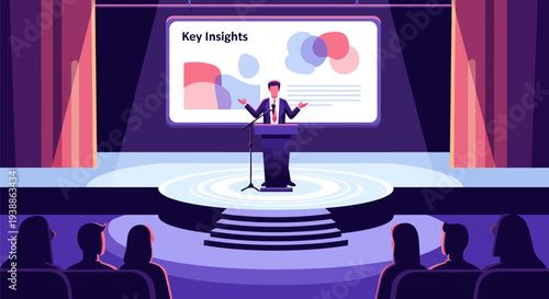 Businessman presenting data on stage to audience.