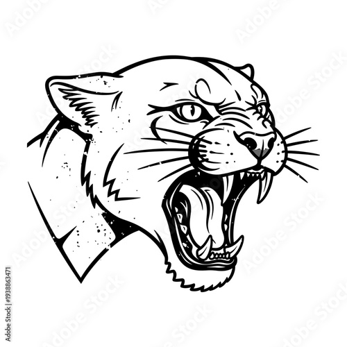 Fierce Cougar Head Roaring, Black and White Illustration