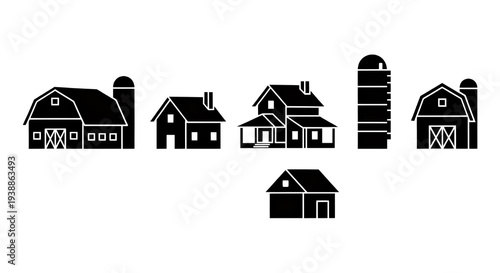 Isolated Black And White Farm Buildings Silhouettes Transparent Background Vector