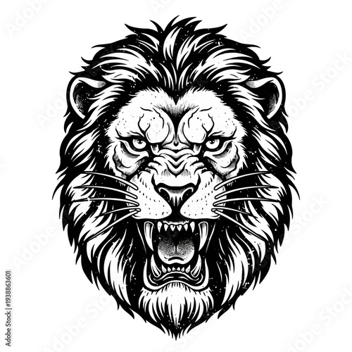 Fierce lion head illustration, roaring, black and white, grunge style