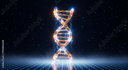 Glowing dna double helix structure with futuristic grid background and starry night sky representing genetic engineering and biotechnology concepts