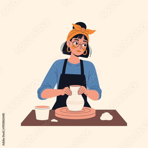 A woman in an apron shaping a ceramic vase on a potter's wheel with a warm and creative atmosphere.