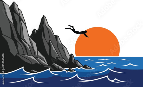 Cliff Diving Silhouette at Sunset Over Ocean Waves Vector Illustration