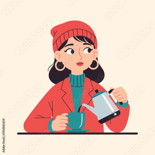 Cartoon woman pouring tea from a kettle into a cup while sitting at a table with a colorful outfit on.
