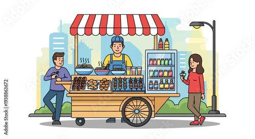 Cartoon Ice Cream Vendor Serving Customers.