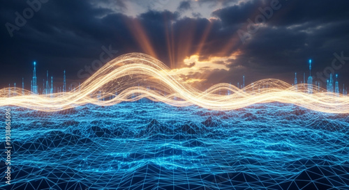 Glowing orange waves on a blue network background with a dramatic dark cloudy sky and radiant sunset