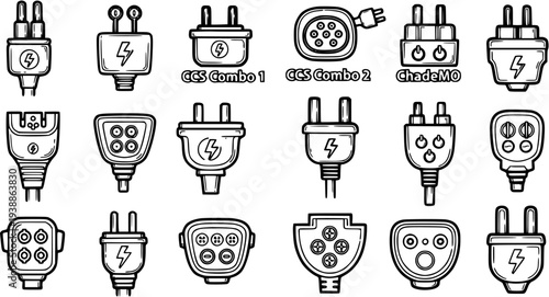 Electric Vehicle (EV) Charging Plugs and Connectors Line Art Icons Set. Automotive Power Adapters and Sockets Outline Collection for EV Charging Technology.