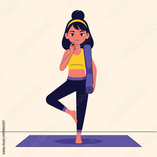 Illustration of a young woman in a yoga pose with a mat in a simple background