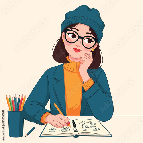 Cartoon illustration of a young woman sketching in a notebook with colored pencils on a desk.