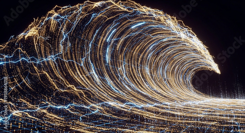 Glowing wave of light trails on a dark background abstract representation of ocean wave with streaks of blue and gold light