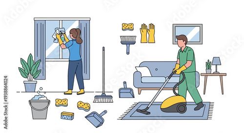 Cleaning Professionals at Work in Living Room.