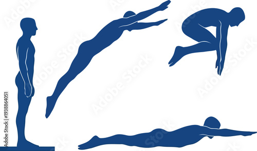 Silhouette Sequence of Man Diving Into Water with Jump and Swim Positions Vector Illustration