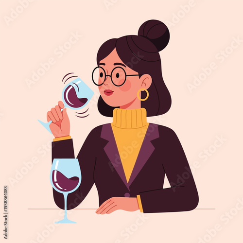 Cartoon woman smelling wine in a glass with a thoughtful expression on a plain background