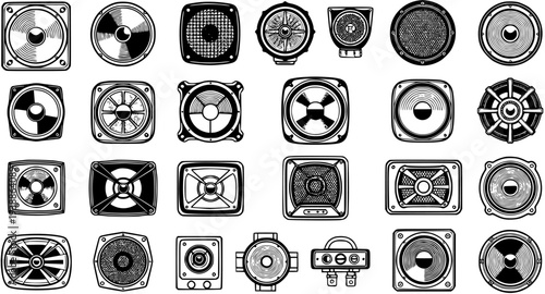 Audio Electronics Black  White Line Art Icons: Diverse Collection of Speakers, Subwoofers, and Sound Components for Music  Technology Design