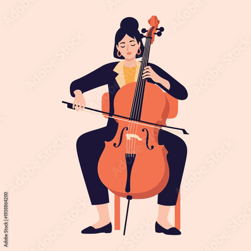 Illustration of a woman playing a cello while seated with a minimalist aesthetic and warm tones.