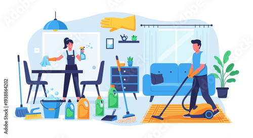 Cleaning Professionals at Work in Modern Home.