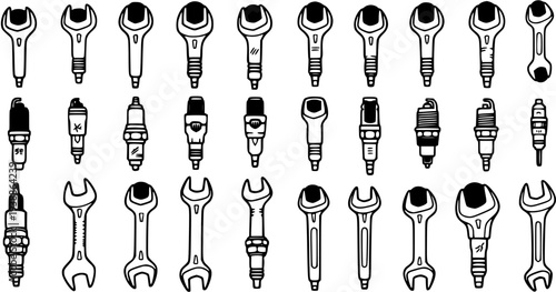 Automotive Car Repair Tools and Spark Plugs Vector Line Art Icons Set - Black and White Hand-Drawn Wrench Mechanic Equipment