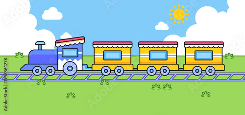 Toy train with several wagons moving on railway tracks in a sunny landscape. Cute hand drawn vector illustration perfect for kids education, nursery designs, posters, and children themes cartoon