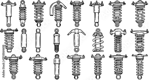 Black and White Line Art Illustration of Various Car Shock Absorbers and Struts