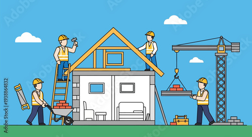 Construction Workers Building a House.