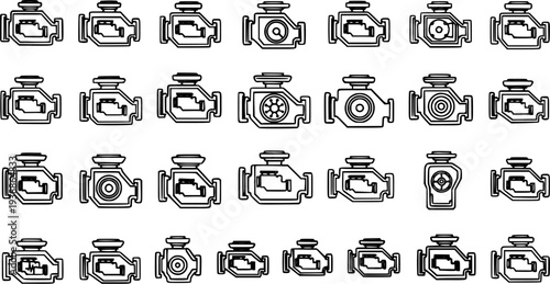 Automotive Engine Icons Set: Black and White Car Motor Outline Symbols for Check Engine Light and Vehicle Diagnostics Line Art