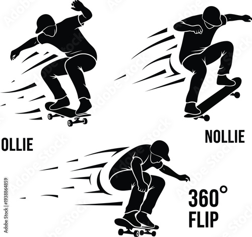 Skateboarding Tricks Silhouette Set Featuring Ollie, Nollie, and 360 Flip in Black and White Vector Art