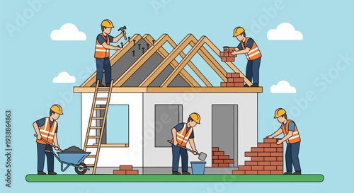 Construction Workers Building House Roof Together.