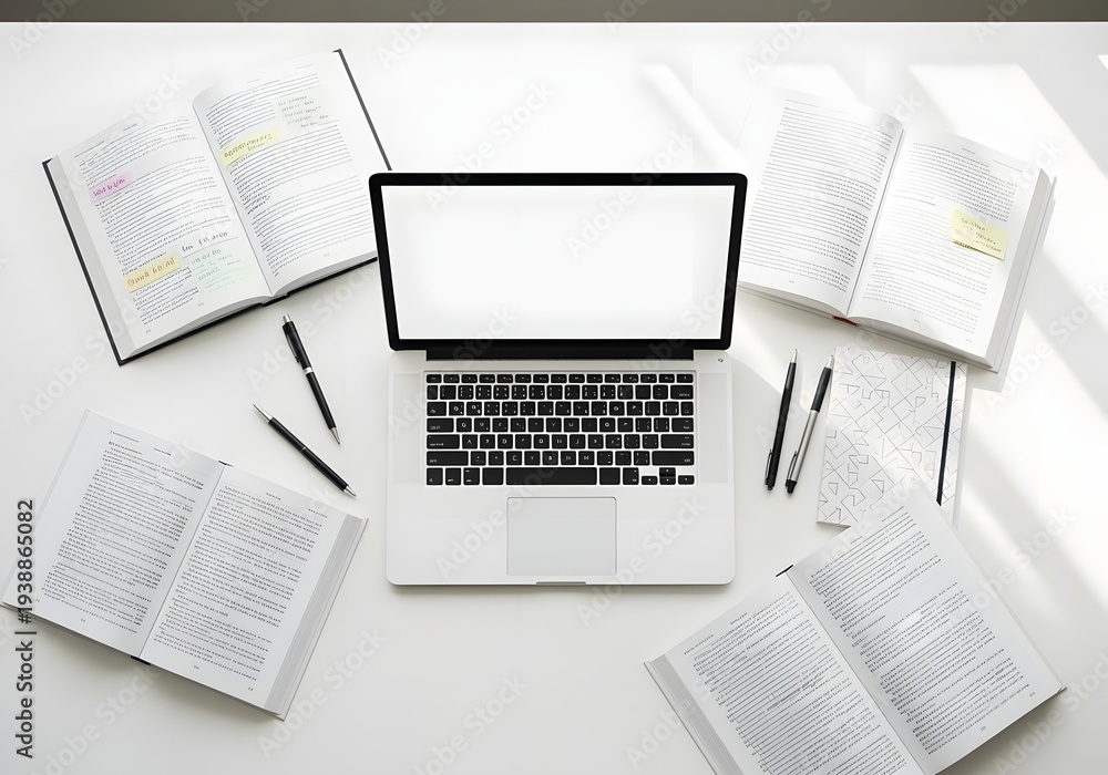 Obraz premium Laptop computer surrounded by open books and pens on white desk for studying and research