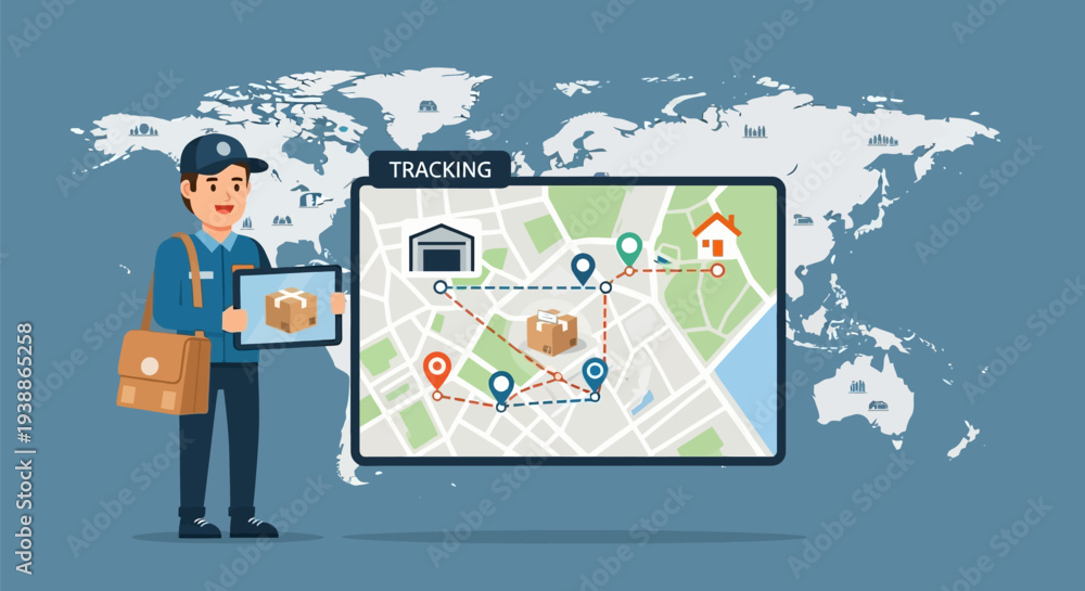 Fototapeta premium Delivery Man Holding Package and Tracking Map.