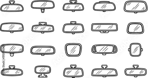 Automotive Rearview Mirrors Black  White Line Art Icon Set. Hand Drawn Car Mirrors Collection for Vehicle Interior and Exterior, Side and Rear View.