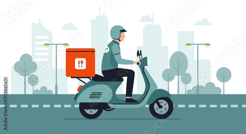 Delivery Man Riding Scooter with Package.