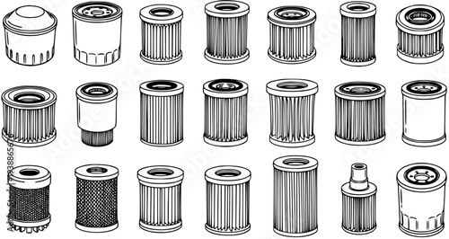 Automotive Industrial Filters Line Art Vector Icon Set. Black and White Outline Glyph Collection of Engine Oil, Fuel, and Air Filter Components for Vehicles and Machinery.